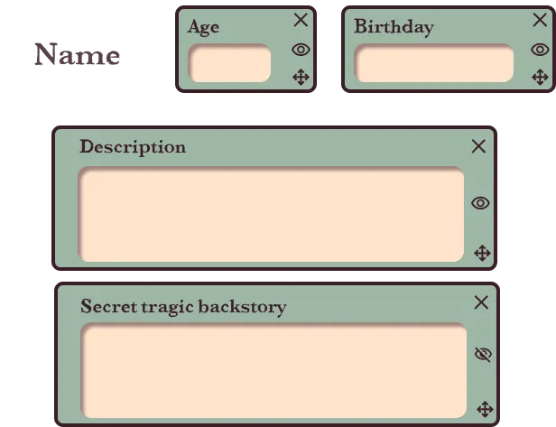 A render of the roleplay site's character profile editor, with it's customizable data blocks