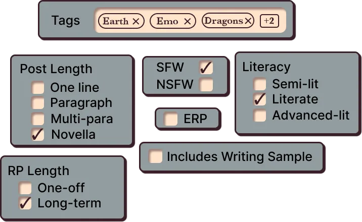 A list of the different filters you can use to search for RPs, including: tags, post-length, writing samples, RP length, Literacy, SFW, NSFW, and ERP.