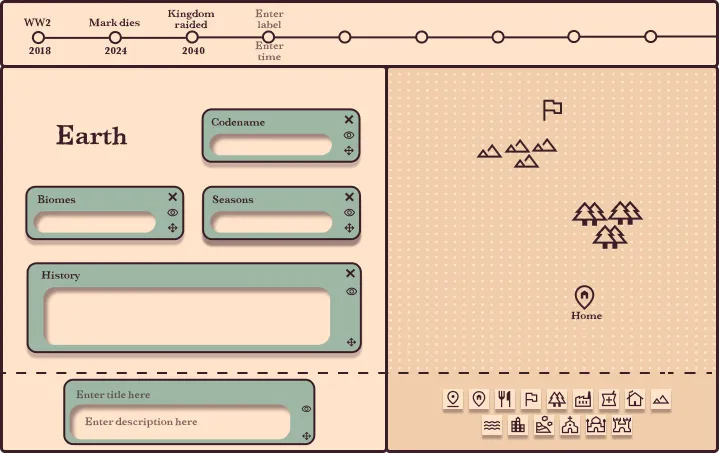 A render of the roleplay site's world editor, showing the data blocks, timeline, and map